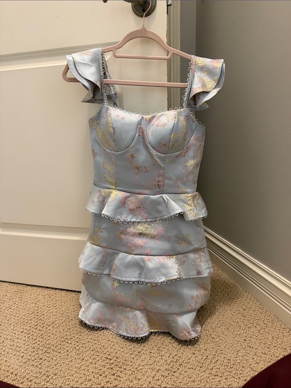 V. Chapman Pale Blue Metallic Floral Peplum Mini Dress